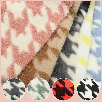 Houndstooth Print Ull Sherpa efni